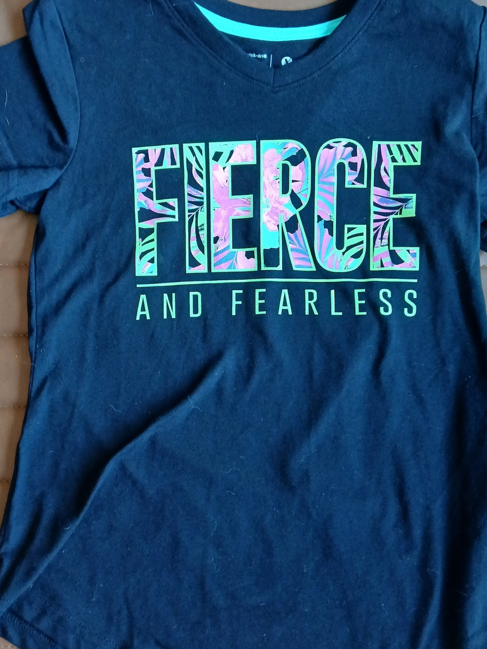 Xersion Black V-Neck Tee Pink & Green FIERCE Floral Graphic, Girls 10/12 [NWOT]